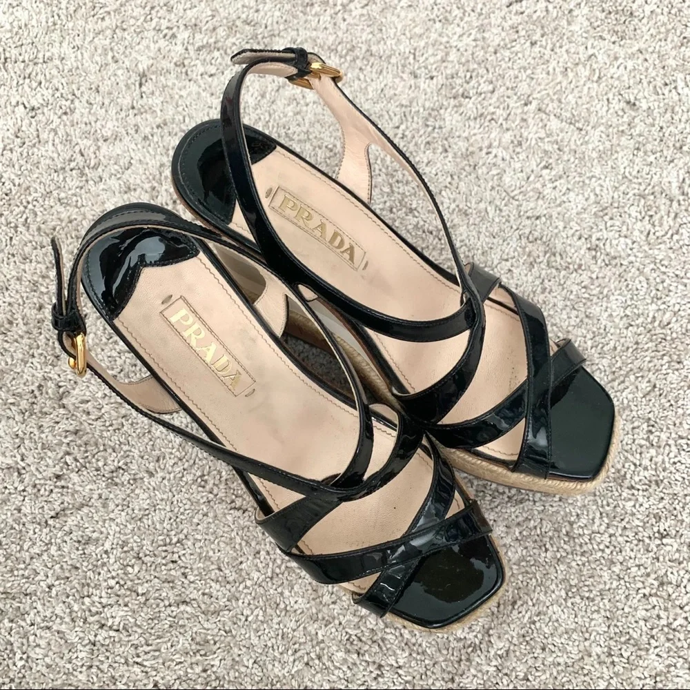 Prada Black Patent Leather Strappy Wedge Sandals
